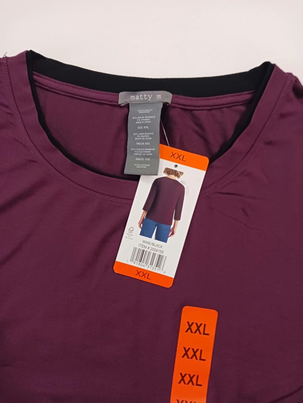 NWT Matty M Bamboo Rayon 3/4 Sleeve Top XXL Wine Purple Black Trim